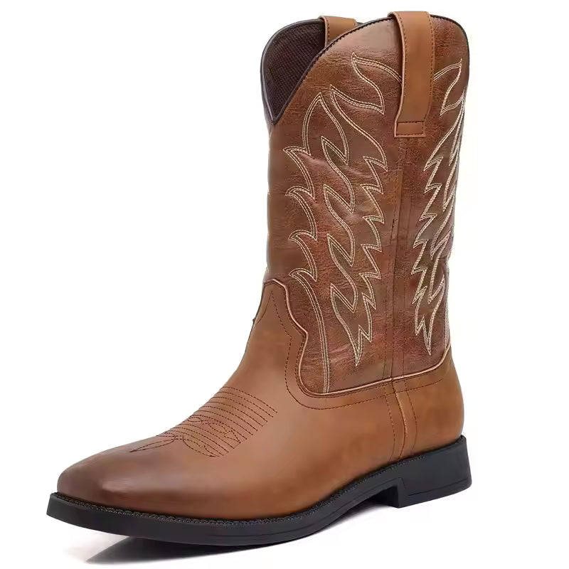 Men's PU Leather Western Embroidered Mid-Calf Pointed Toe Low Heel Cowboy Boots - CB021