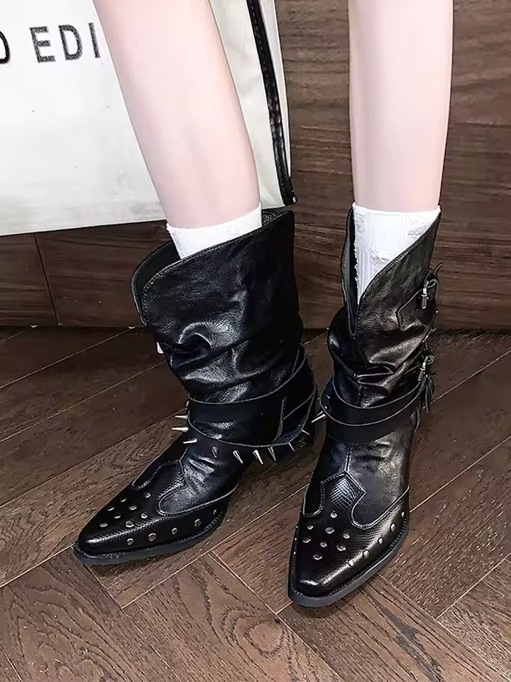 Women's Studded V-Cut Western Pointed Toe High Heel Cowgirl Boots - CB053