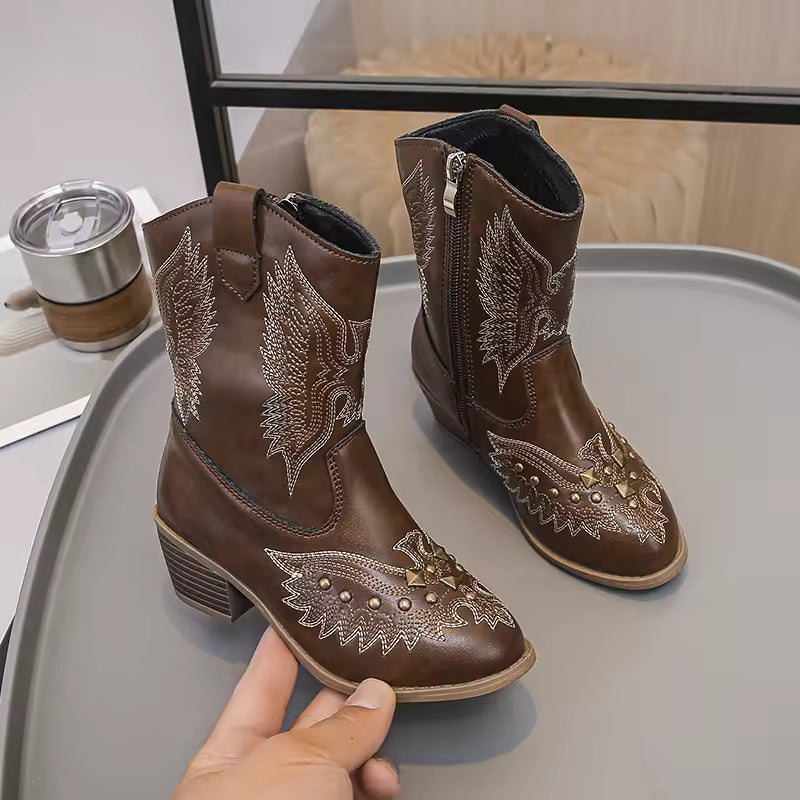 Girls' PU Leather Western Embroidered Studded Knee-High Round Toe Cowgirl Boots - CB073