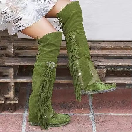 Women's Suede-Look Tassel Knee-High Pointed Toe Low Heel Cowgirl Boots - CB028