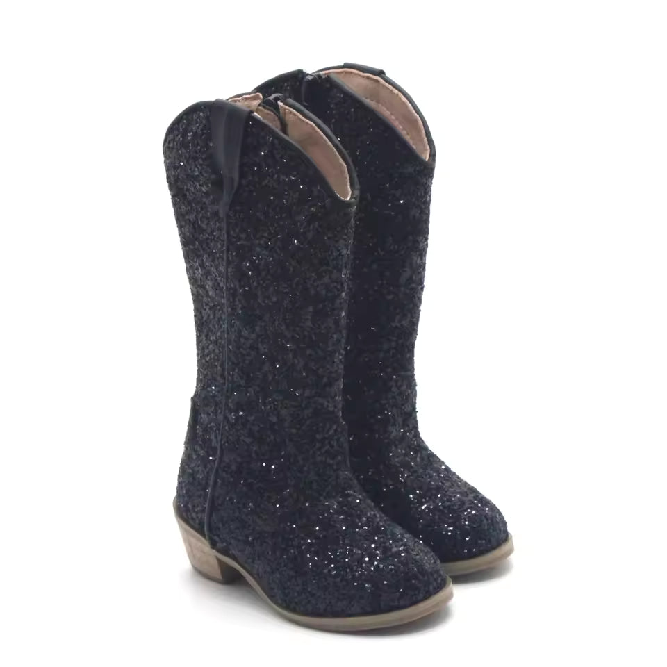 Girls' PU Leather Glitter Side-Zip Knee-High Round Toe Low Heel Cowgirl Boots - CB080
