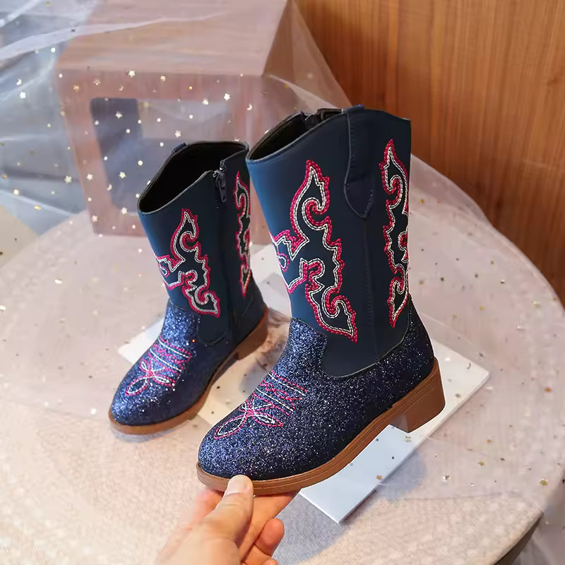 Girls' PU Leather Western Embroidered Glitter Side-Zip Mid-Calf Round Toe Cowgirl Boots - CB075
