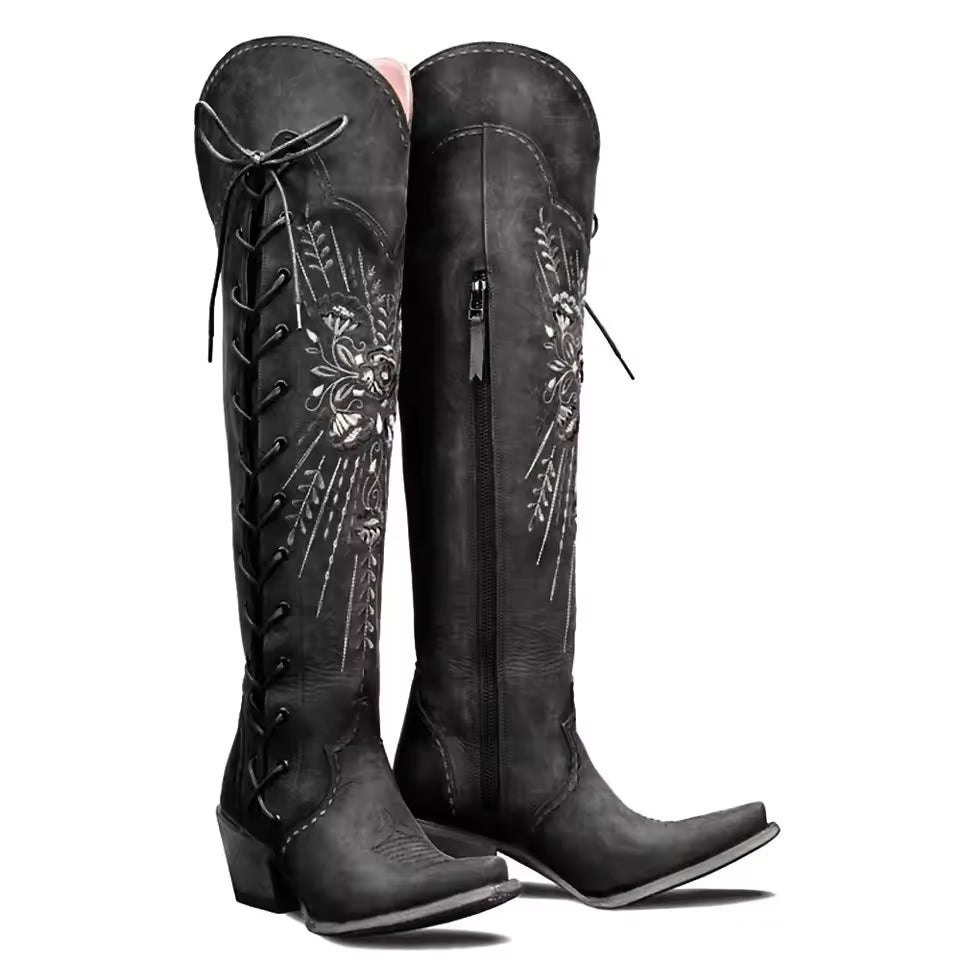 Women's Side-Zip Over-the-Knee Pointed Toe Block Heel Cowgirl Boots - CB026
