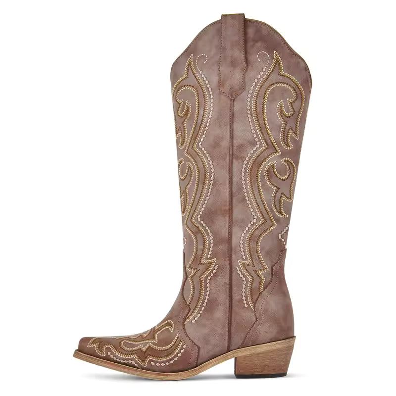 Onlymaker Women's Western Embroidered Side-Zip Knee-High Pointed Toe Block Heel Cowgirl Boots - CB045