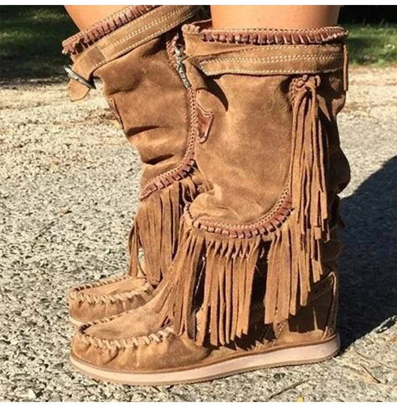 Women's Suede-Look Tassel Buckle Detail Side-Zip Mid-Calf Round Toe High Heel Cowgirl Boots - CB033