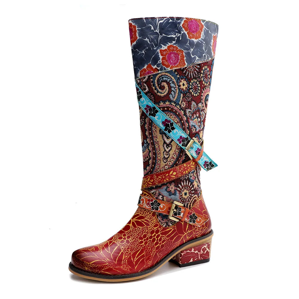 Socofy Raffan Women's Genuine Leather Buckle Detail Knee-High Block Heel Cowgirl Boots - CB059