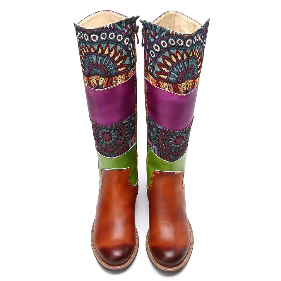 Socofy Raffan Women's Genuine Leather Patchwork Knee-High Cowgirl Boots - CB064