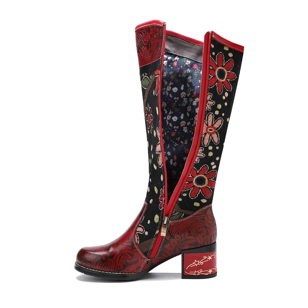 Socofy Raffan Women's Genuine Leather Floral Embroidered Side-Zip Knee-High Cowgirl Boots - CB066
