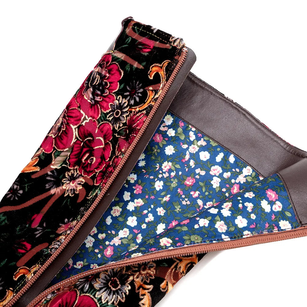 Socofy Raffan Women's Genuine Leather Floral Embroidered Side-Zip Knee-High Block Heel Cowgirl Boots - CB067