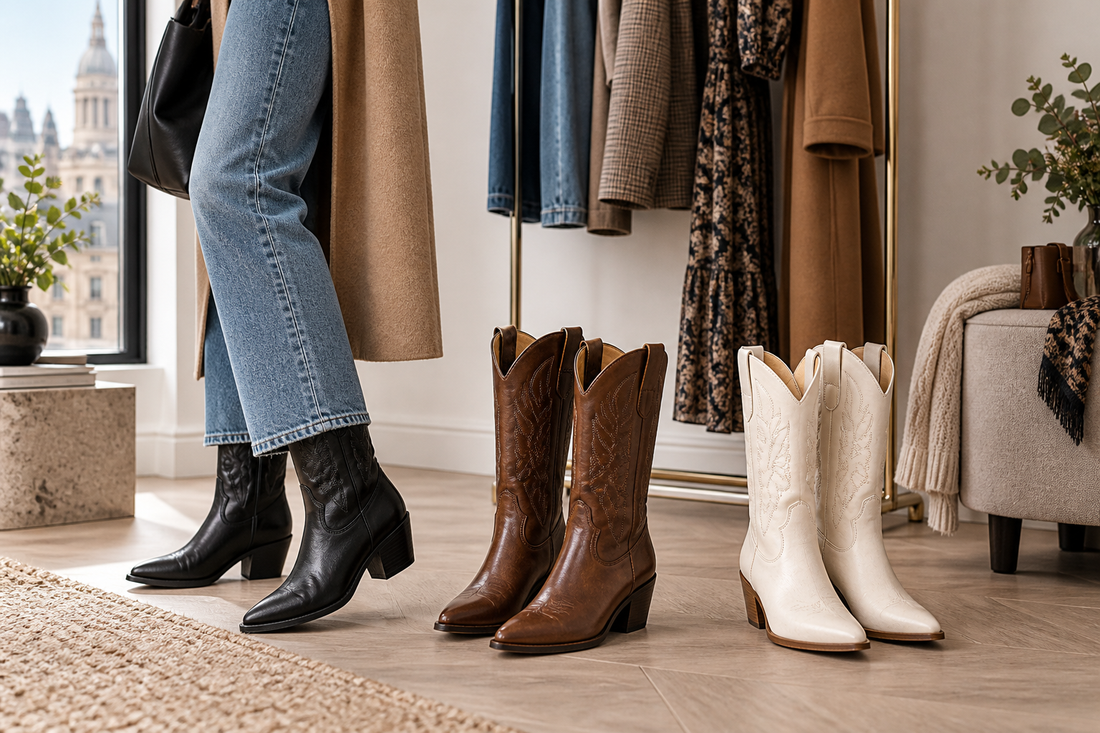 Black, brown and white cowboy boots styled with modern UK wardrobe pieces