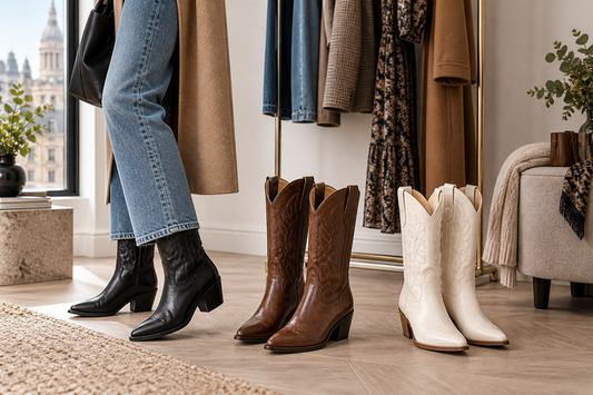 Black, brown and white cowboy boots styled with modern UK wardrobe pieces