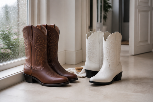 Smooth PU leather cowboy boots compared in a premium UK hallway setting