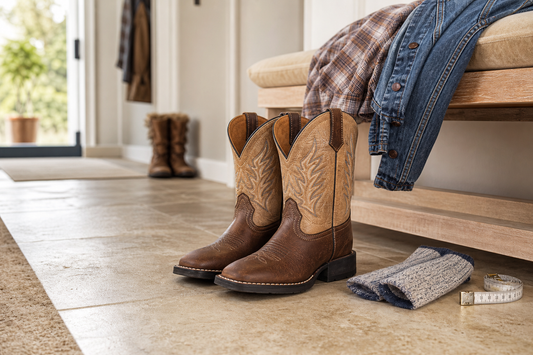 Boys brown and tan cowboy boots with socks and a measuring tape in a UK hallway