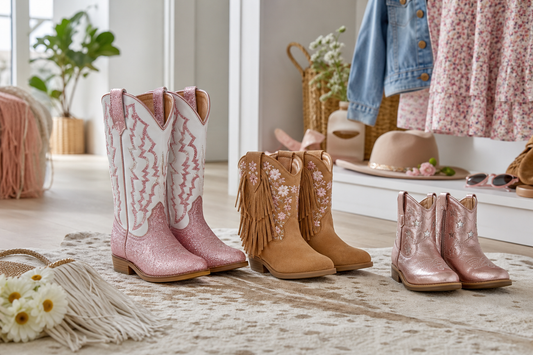Girls cowboy boots in pink glitter, light brown fringe and rose metallic styles arranged in a UK boutique setting
