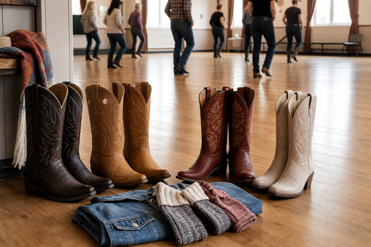 Cowboy boots arranged beside boot socks on a UK line dancing hall floor