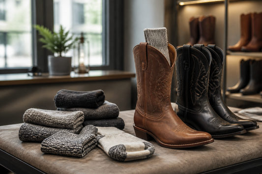 Cowboy boots with folded boot socks in a UK boutique fitting scene