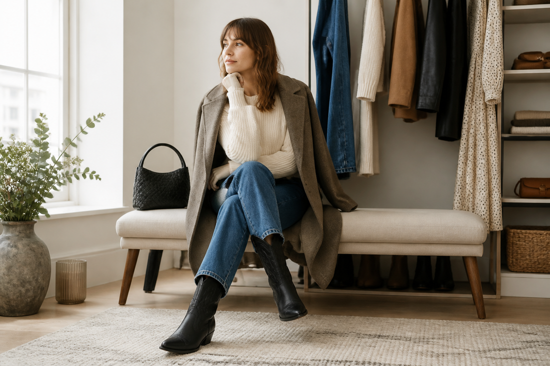 Black cowgirl boots styled with denim, knitwear and a tailored coat in a UK wardrobe setting