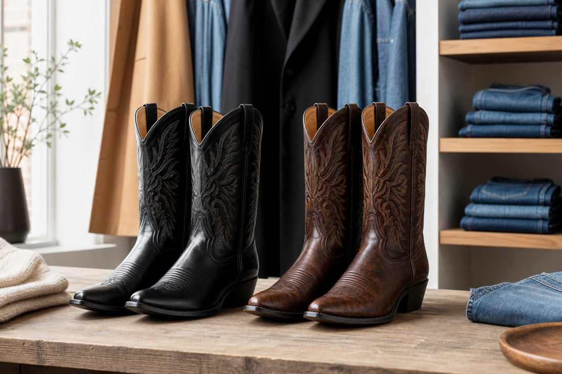 Black and brown cowboy boots styled with denim and coats in a UK boutique wardrobe scene