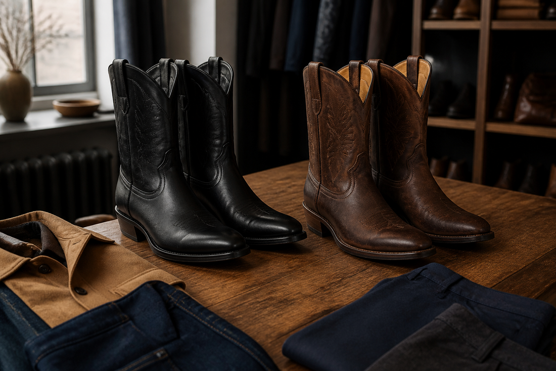 Black and brown men's cowboy boots styled with denim and chinos in a UK menswear boutique