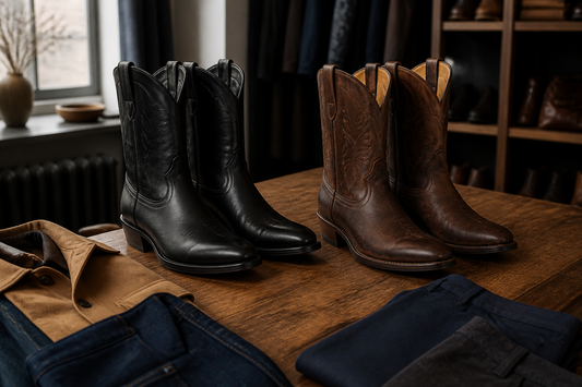 Black and brown men's cowboy boots styled with denim and chinos in a UK menswear boutique