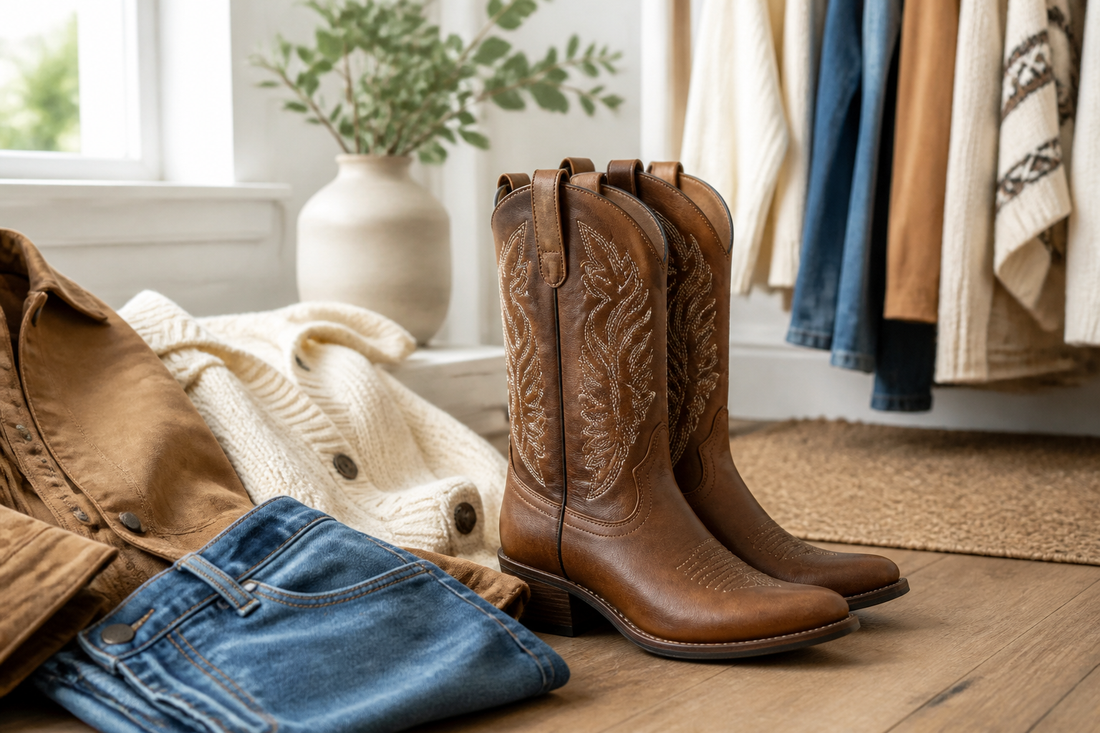 Brown cowboy boots styled with denim, cream knitwear and tan layers in a UK wardrobe setting