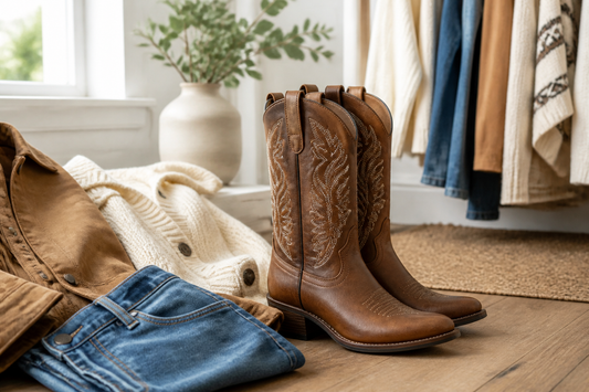 Brown cowboy boots styled with denim, cream knitwear and tan layers in a UK wardrobe setting