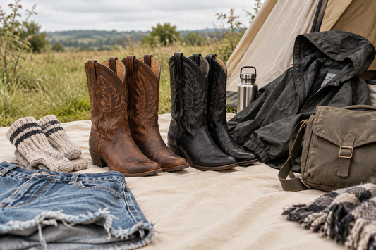 Brown and black cowboy boots packed with socks and waterproof layers for a UK festival weekend