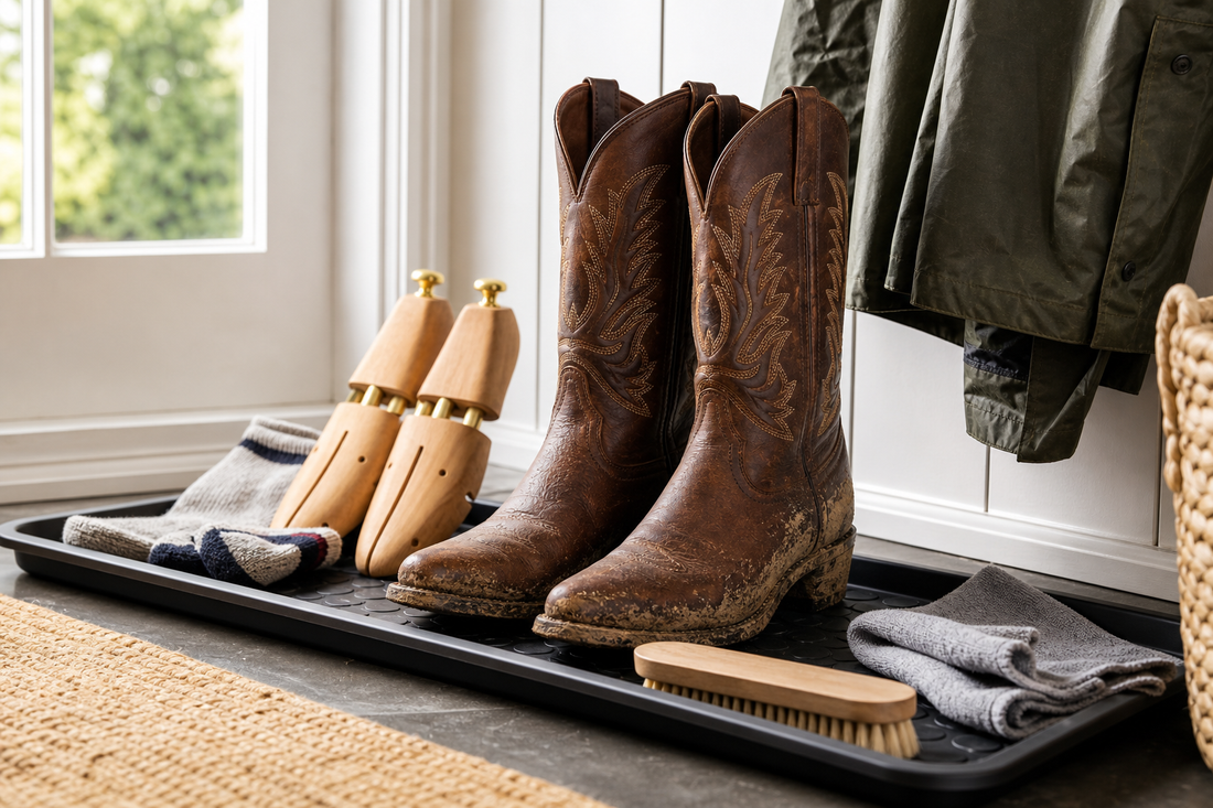 Brown muddy cowboy boots on a boot tray with brush and cloth after a UK festival