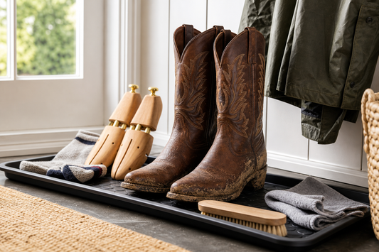 Brown muddy cowboy boots on a boot tray with brush and cloth after a UK festival