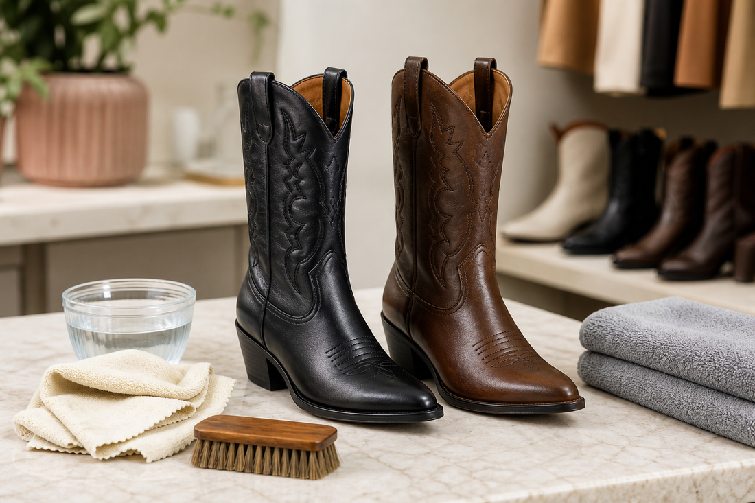 PU leather cowboy boots with soft cloth and brush for a UK cleaning guide
