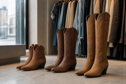 Ankle, mid-calf and knee-high cowboy boots compared in a UK boutique fitting scene