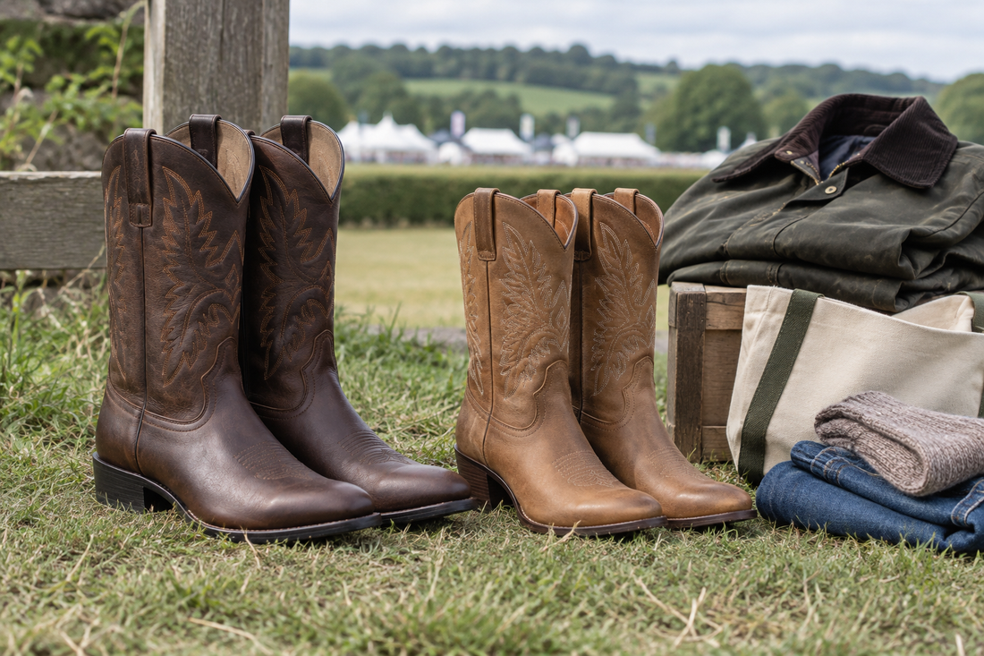 Brown and black cowboy boots styled for a UK country show outfit