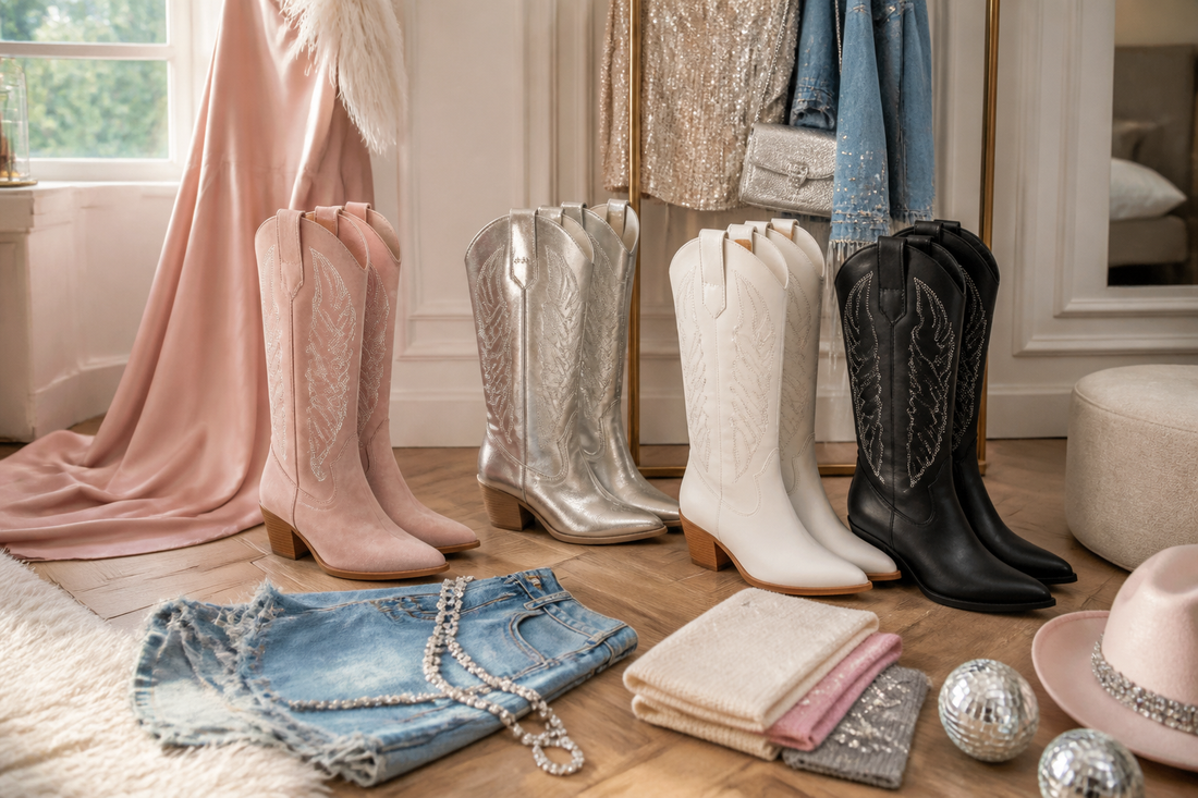 Statement cowgirl boots styled for a UK hen party outfit
