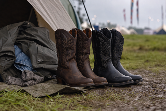 Cowboy boots arranged beside waterproof layers and socks for a muddy UK festival