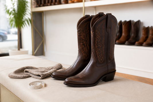 Cowboy boots with socks and measuring tape for a narrow-feet fitting guide