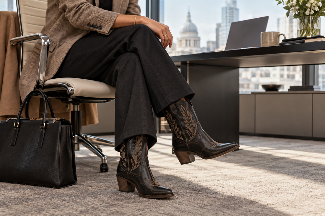 Black cowgirl boots styled with tailored trousers in a modern UK office