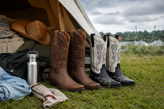 Cowboy boots packed beside a tent and festival clothing for a UK music festival