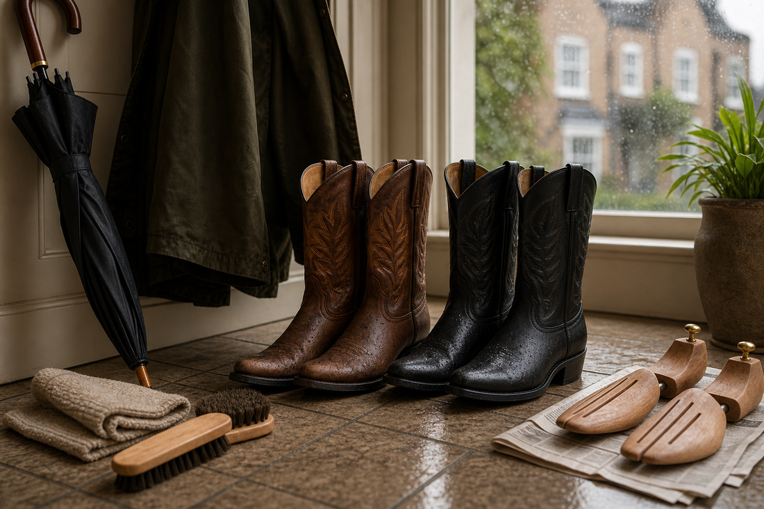 Cowboy boots drying beside an umbrella and boot care tools after light UK rain