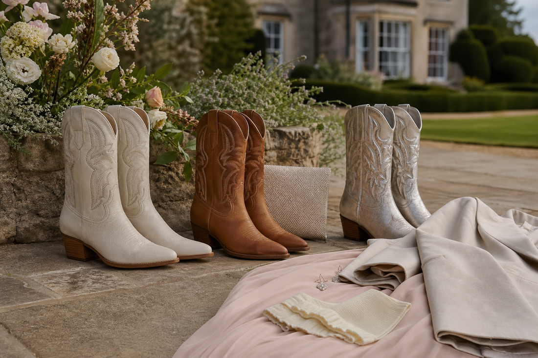 Cream, tan and silver cowboy boots styled with wedding guest outfit pieces at a UK country venue