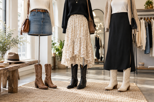 Cowboy boots styled with mini, midi and long skirts in a UK boutique outfit setting