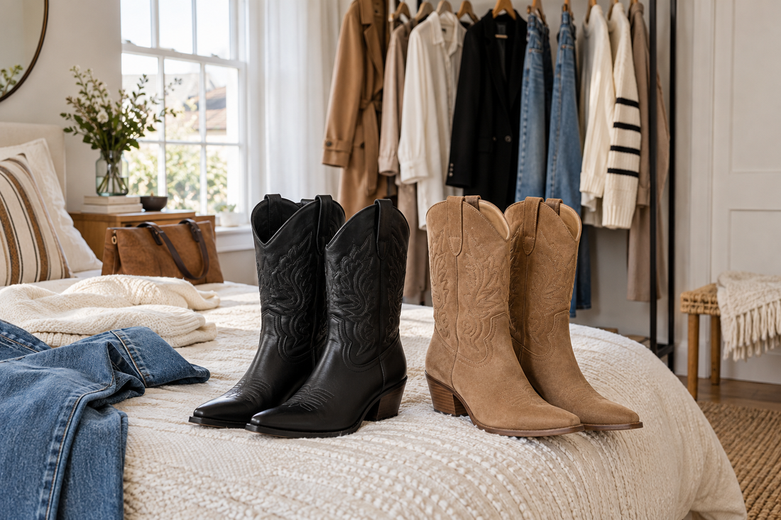Black and tan cowgirl boots styled with neutral capsule wardrobe pieces in a UK bedroom