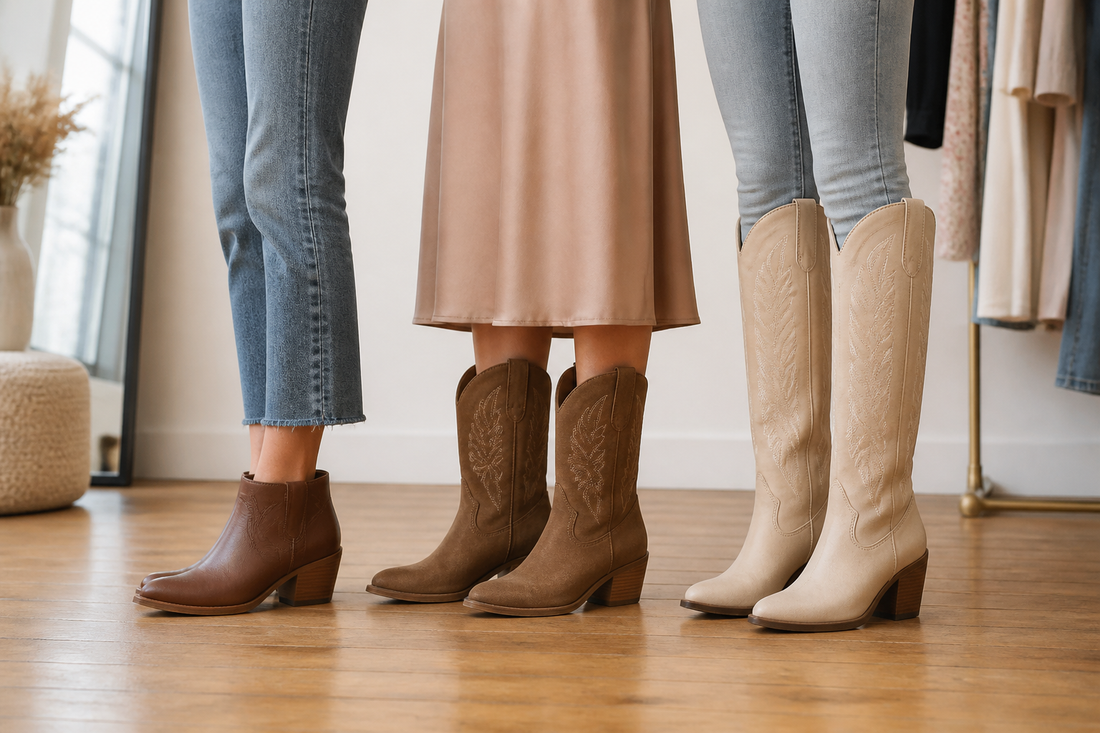 Three cowgirl boot shaft heights styled on shorter legs in a UK boutique setting