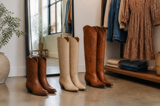 Cowgirl boots in varied shaft heights arranged in a UK boutique for taller women styling guidance