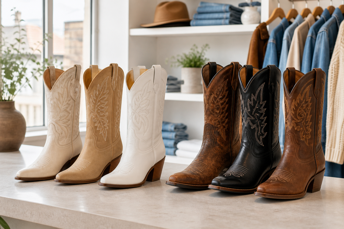 Cowgirl-style boots and classic cowboy boots compared in a UK boutique setting