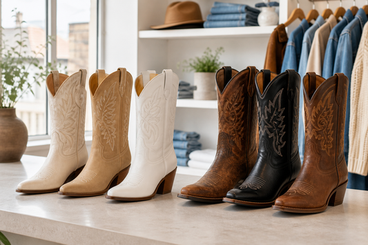 Cowgirl-style boots and classic cowboy boots compared in a UK boutique setting
