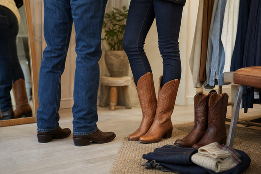 Cowboy boots styled both under straight jeans and over tucked slim jeans in a UK boutique