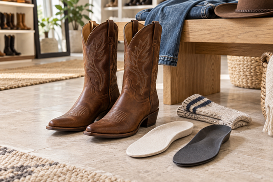 Brown cowboy boots with socks and insoles in a UK fitting scene