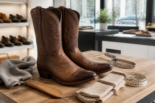 Brown cowboy boots with socks and measuring tape in a UK boutique fit-check scene