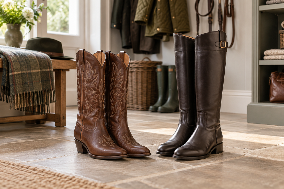 Fashion cowboy boots and riding boots compared in a UK boot room setting