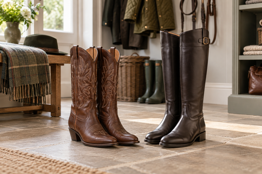 Fashion cowboy boots and riding boots compared in a UK boot room setting